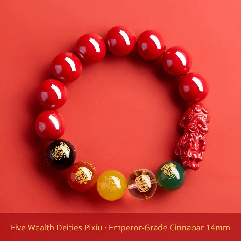 Five Wealth Gods Cinnabar Bracelet β Chinese Feng Shui Prosperity Charm with Agate Bead