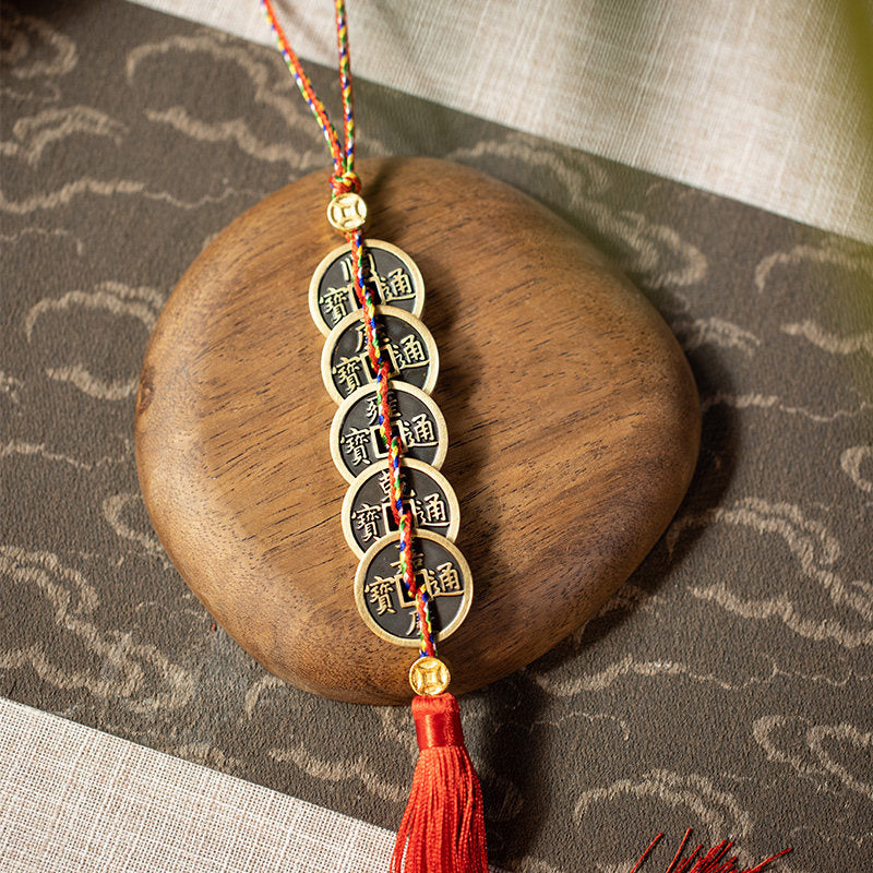 Chinese Five Emperor Coins Hanging Charm - Feng Shui Lucky Door Decoration with Copper Coins & Chinese Knot