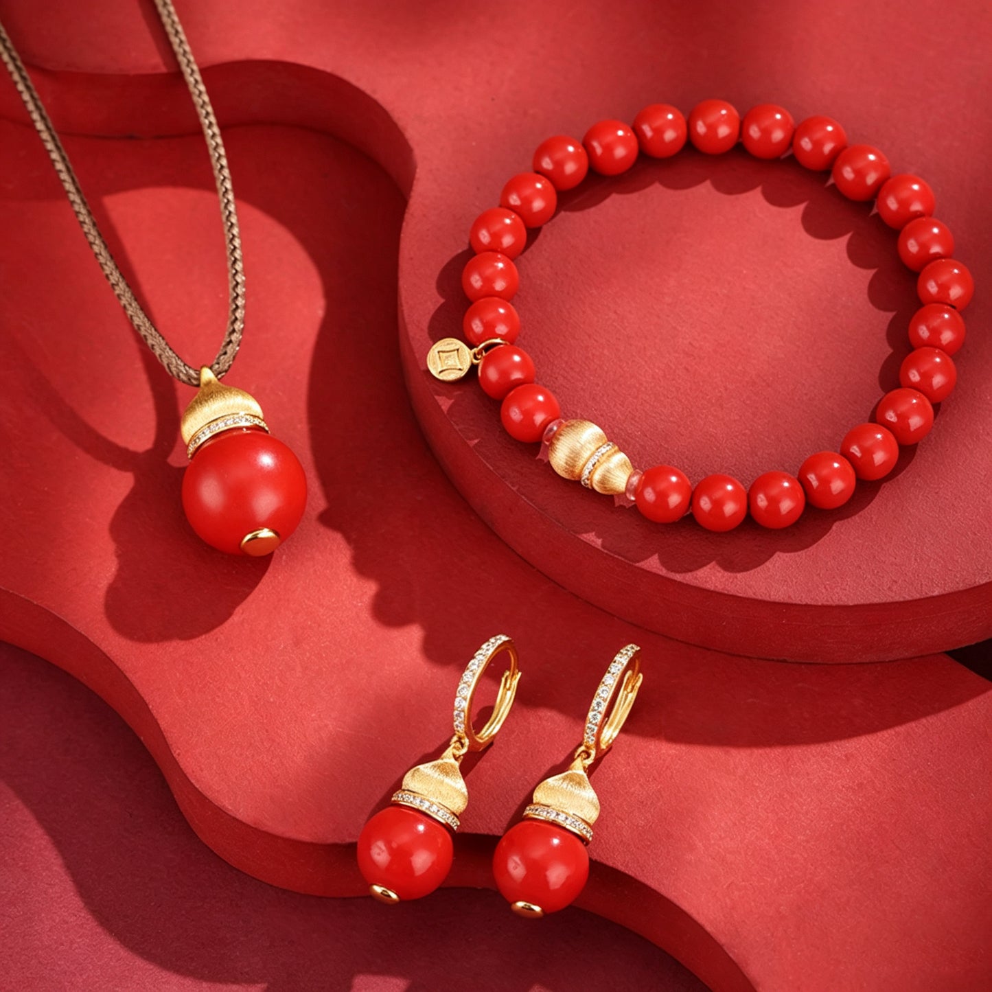Chinese Inspired Jewelry Set – Necklace, Earrings & Bracelet with Lucky Prosperity Symbol, Elegant Gift