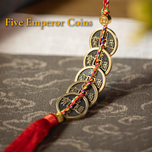 Chinese Five Emperor Coins Hanging Charm - Feng Shui Lucky Door Decoration with Copper Coins & Chinese Knot