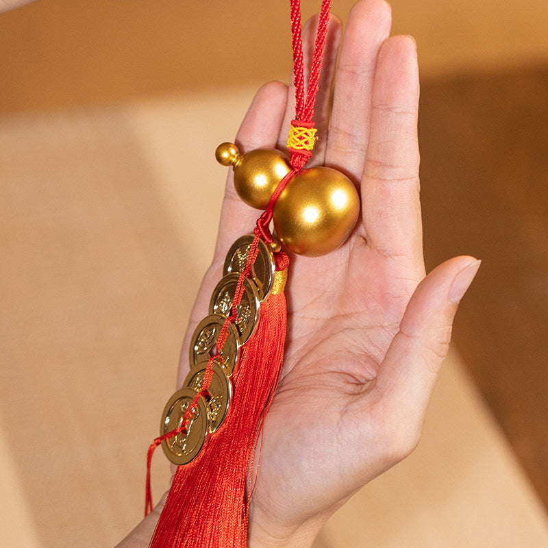 Chinese Five Emperor Coins & Copper Hulu Gourd Hanging Charm - Feng Shui Lucky Home Decoration Pendant
