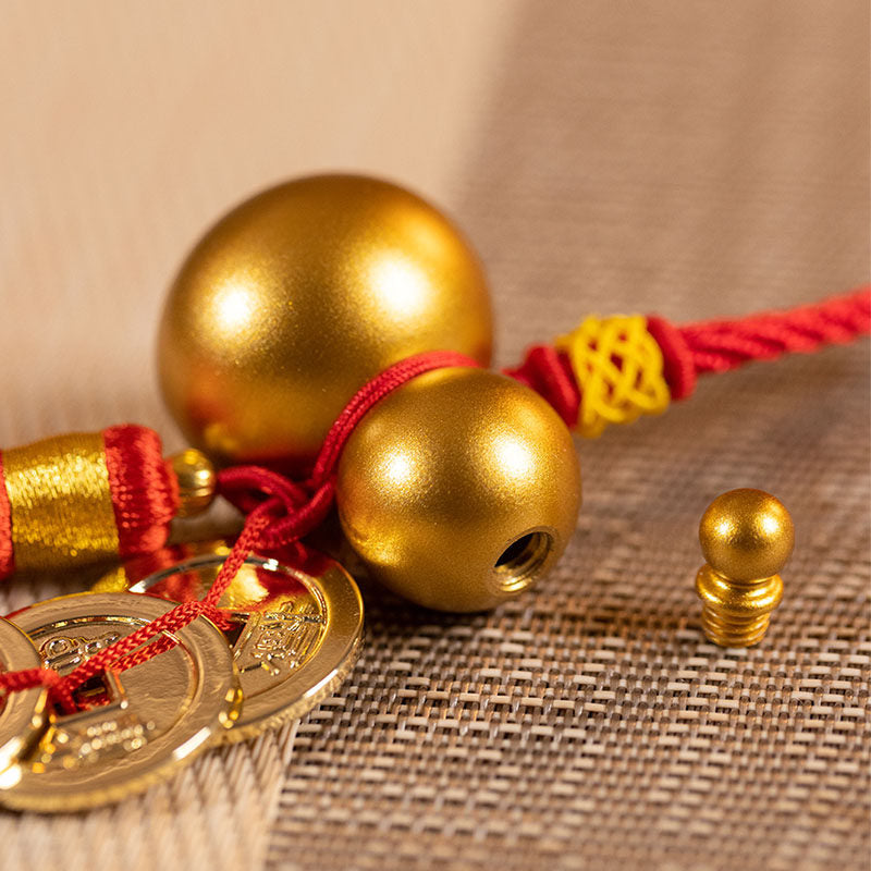 Chinese Five Emperor Coins & Copper Hulu Gourd Hanging Charm - Feng Shui Lucky Home Decoration Pendant