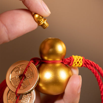 Chinese Five Emperor Coins & Copper Hulu Gourd Hanging Charm - Feng Shui Lucky Home Decoration Pendant