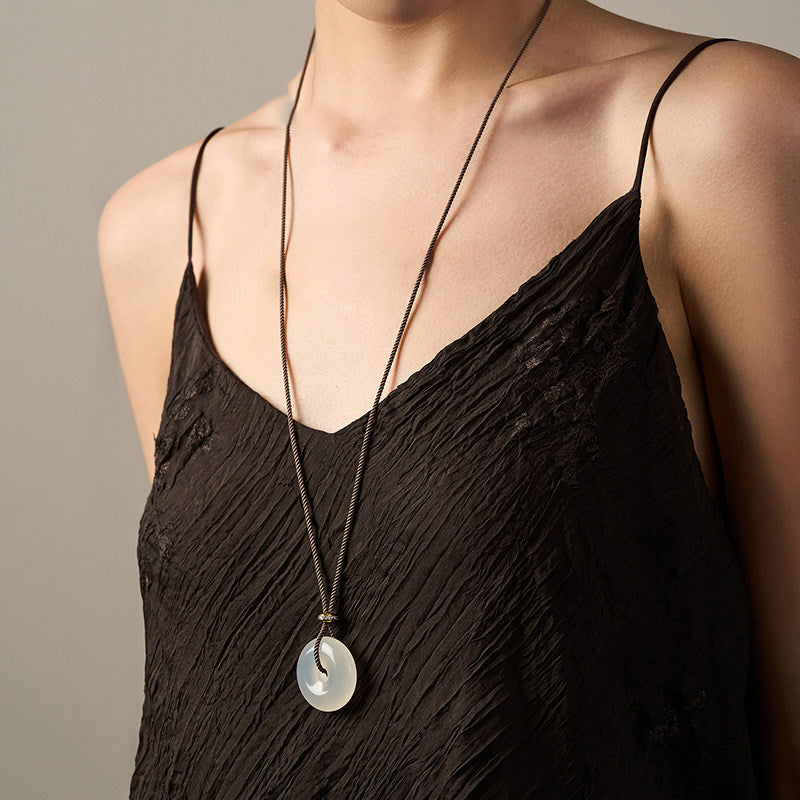 White Chalcedony Pi Disc Pendant Necklace – Chinese Lucky Charm Jewelry Gift for Mom