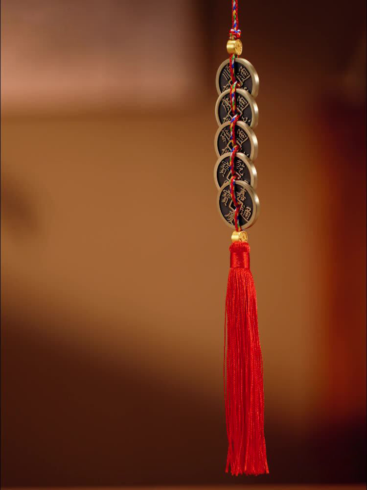 Chinese Five Emperor Coins Hanging Charm - Feng Shui Lucky Door Decoration with Copper Coins & Chinese Knot
