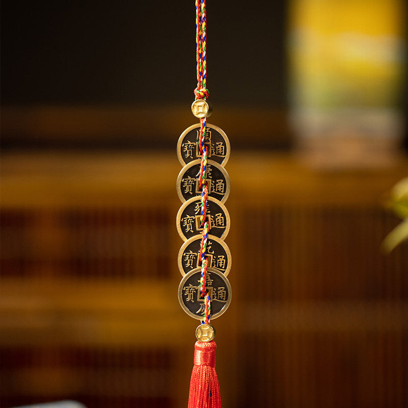 Chinese Five Emperor Coins Hanging Charm - Feng Shui Lucky Door Decoration with Copper Coins & Chinese Knot
