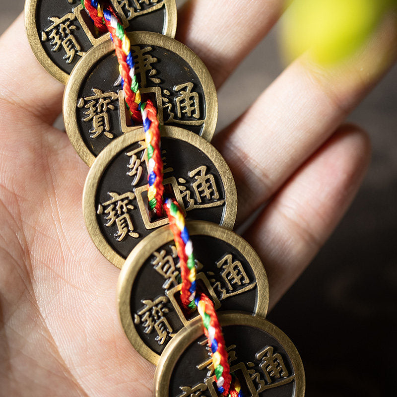 Chinese Five Emperor Coins Hanging Charm - Feng Shui Lucky Door Decoration with Copper Coins & Chinese Knot