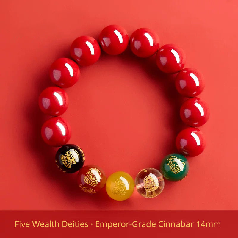 Five Wealth Gods Cinnabar Bracelet – Chinese Feng Shui Prosperity Charm with Agate Bead