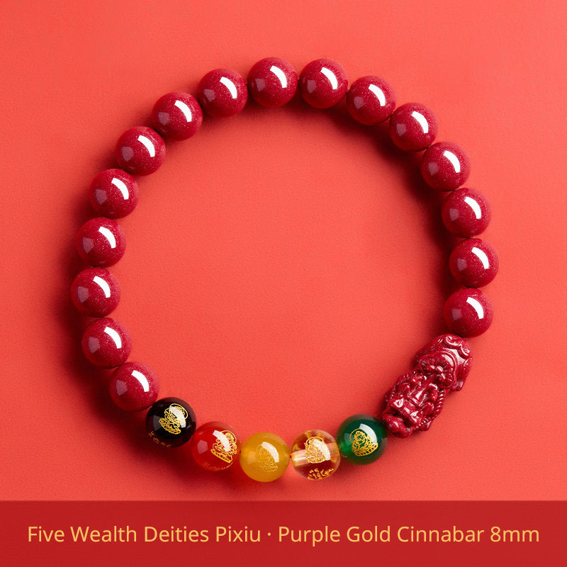Five Wealth Gods Cinnabar Bracelet – Chinese Feng Shui Prosperity Charm with Agate Bead