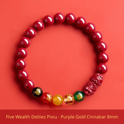 Five Wealth Gods Cinnabar Bracelet – Chinese Feng Shui Prosperity Charm with Agate Bead