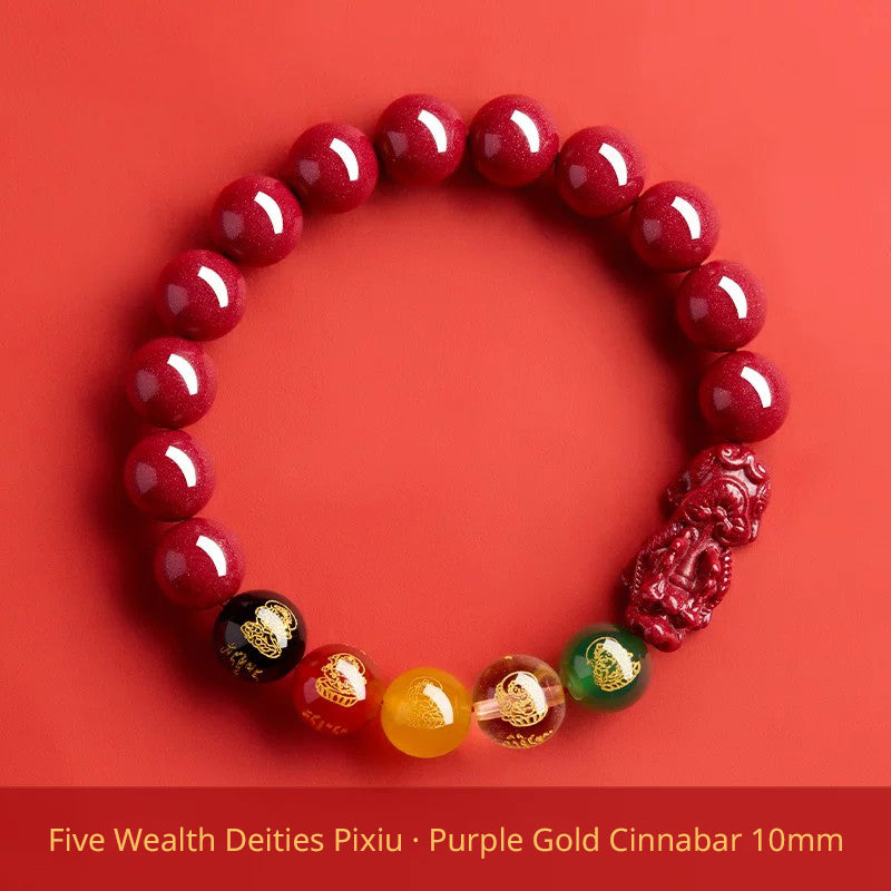 Five Wealth Gods Cinnabar Bracelet – Chinese Feng Shui Prosperity Charm with Agate Bead