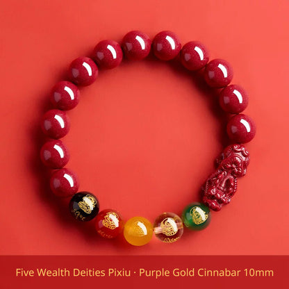 Five Wealth Gods Cinnabar Bracelet – Chinese Feng Shui Prosperity Charm with Agate Bead