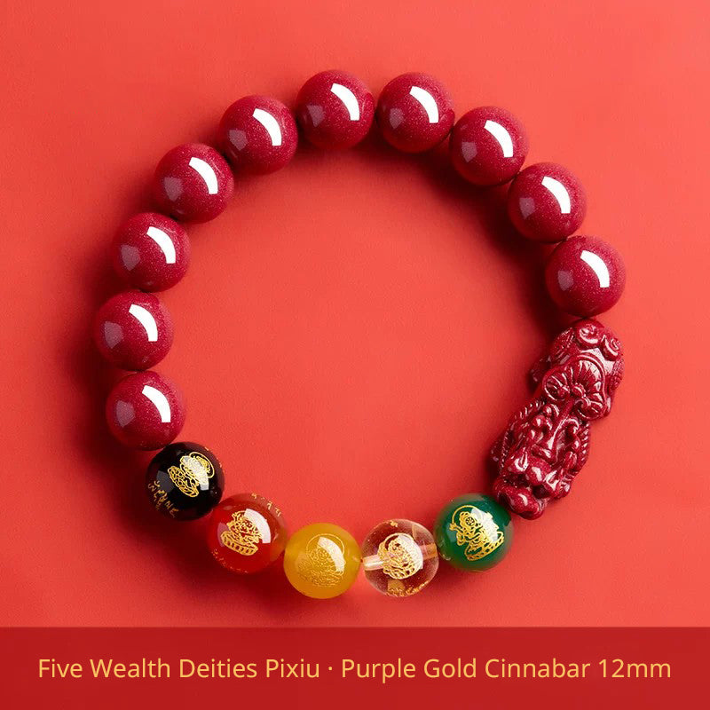 Five Wealth Gods Cinnabar Bracelet – Chinese Feng Shui Prosperity Charm with Agate Bead