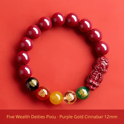 Five Wealth Gods Cinnabar Bracelet – Chinese Feng Shui Prosperity Charm with Agate Bead