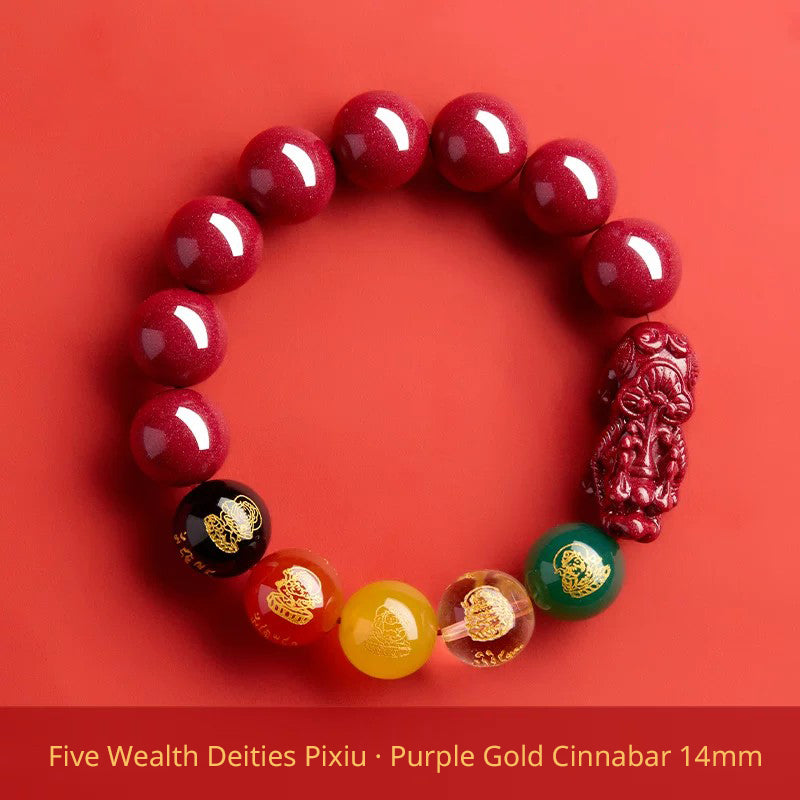 Five Wealth Gods Cinnabar Bracelet – Chinese Feng Shui Prosperity Charm with Agate Bead