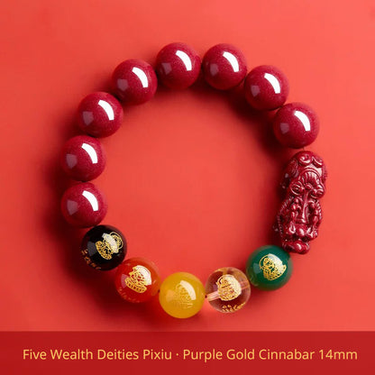 Five Wealth Gods Cinnabar Bracelet – Chinese Feng Shui Prosperity Charm with Agate Bead