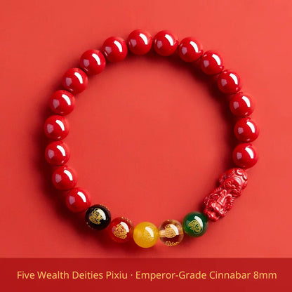 Five Wealth Gods Cinnabar Bracelet – Chinese Feng Shui Prosperity Charm with Agate Bead