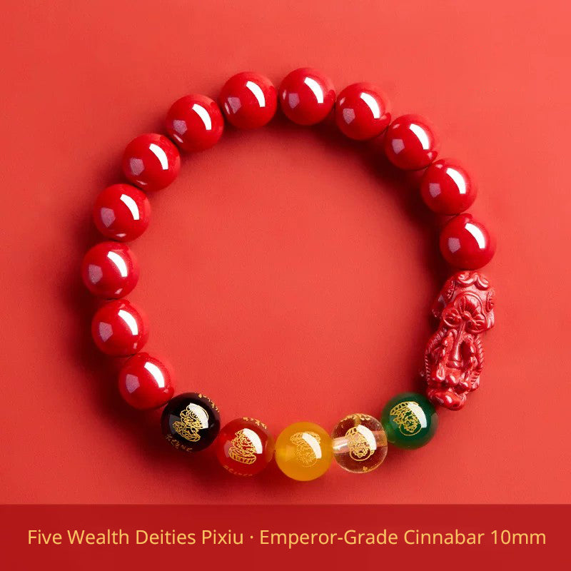 Five Wealth Gods Cinnabar Bracelet – Chinese Feng Shui Prosperity Charm with Agate Bead