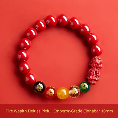 Five Wealth Gods Cinnabar Bracelet – Chinese Feng Shui Prosperity Charm with Agate Bead