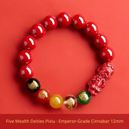 Five Wealth Gods Cinnabar Bracelet – Chinese Feng Shui Prosperity Charm with Agate Bead
