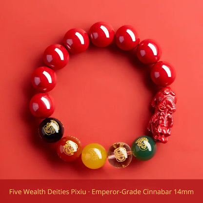 Five Wealth Gods Cinnabar Bracelet – Chinese Feng Shui Prosperity Charm with Agate Bead