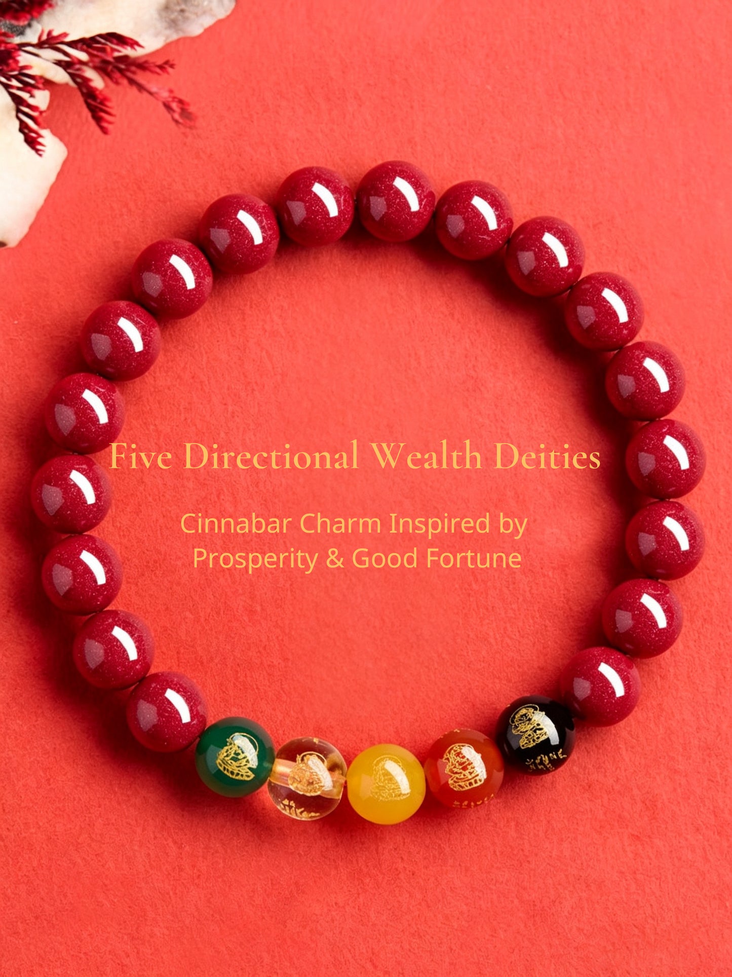 Five Wealth Gods Cinnabar Bracelet – Chinese Feng Shui Prosperity Charm with Agate Bead