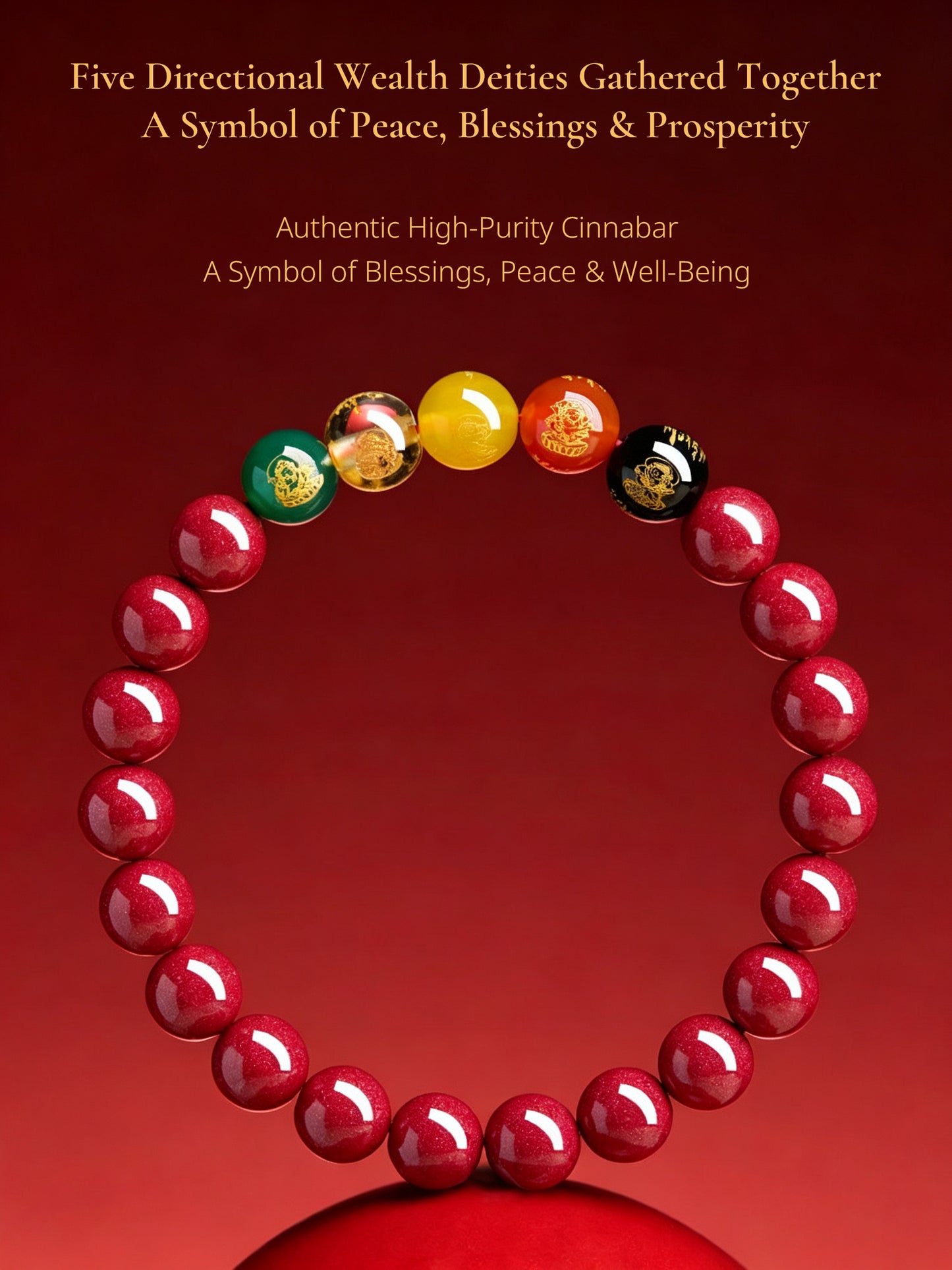 Five Wealth Gods Cinnabar Bracelet – Chinese Feng Shui Prosperity Charm with Agate Bead