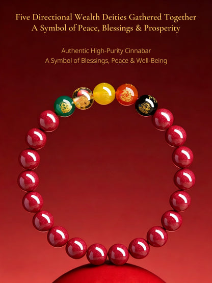 Five Wealth Gods Cinnabar Bracelet – Chinese Feng Shui Prosperity Charm with Agate Bead