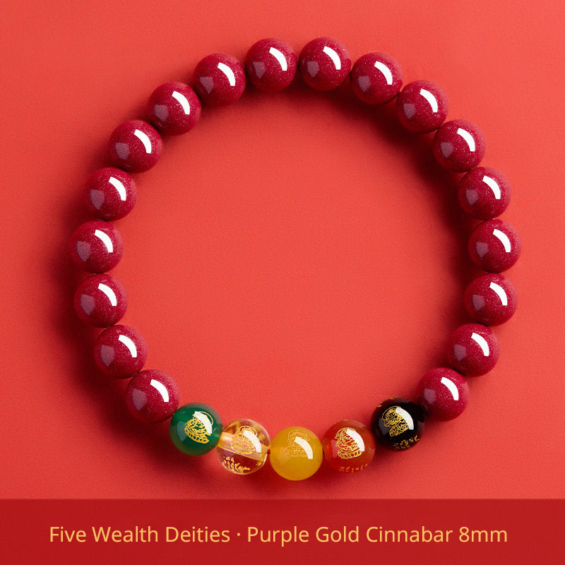 Five Wealth Gods Cinnabar Bracelet – Chinese Feng Shui Prosperity Charm with Agate Bead