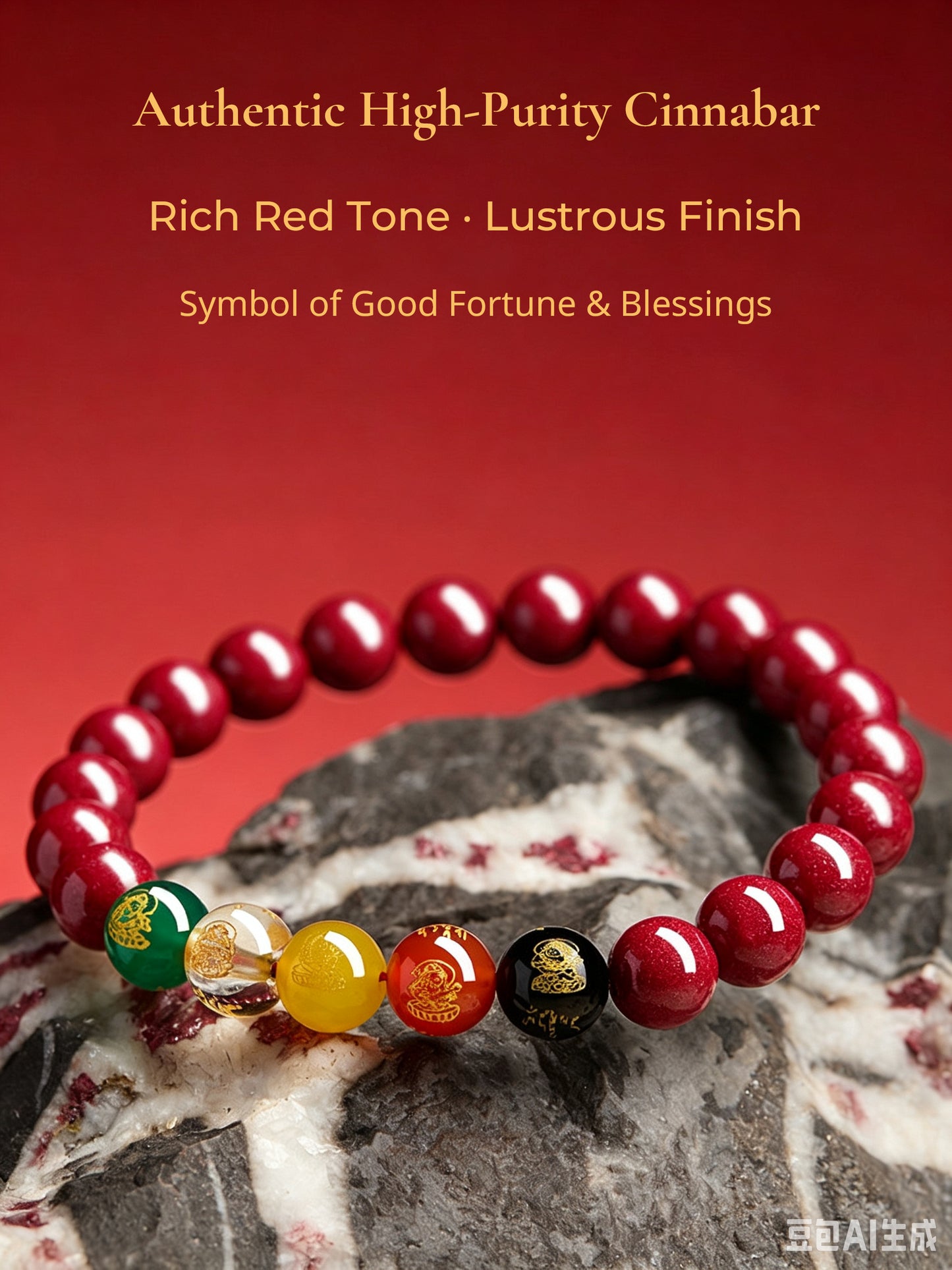 Five Wealth Gods Cinnabar Bracelet – Chinese Feng Shui Prosperity Charm with Agate Bead