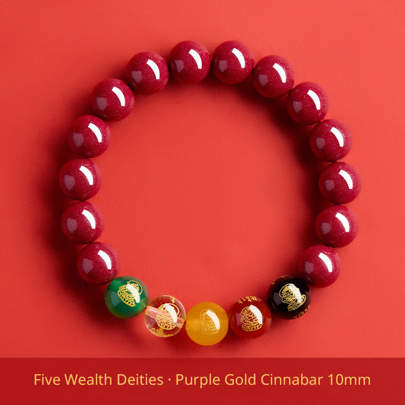 Five Wealth Gods Cinnabar Bracelet – Chinese Feng Shui Prosperity Charm with Agate Bead
