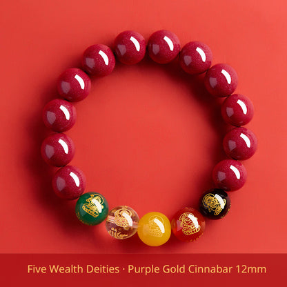 Five Wealth Gods Cinnabar Bracelet – Chinese Feng Shui Prosperity Charm with Agate Bead