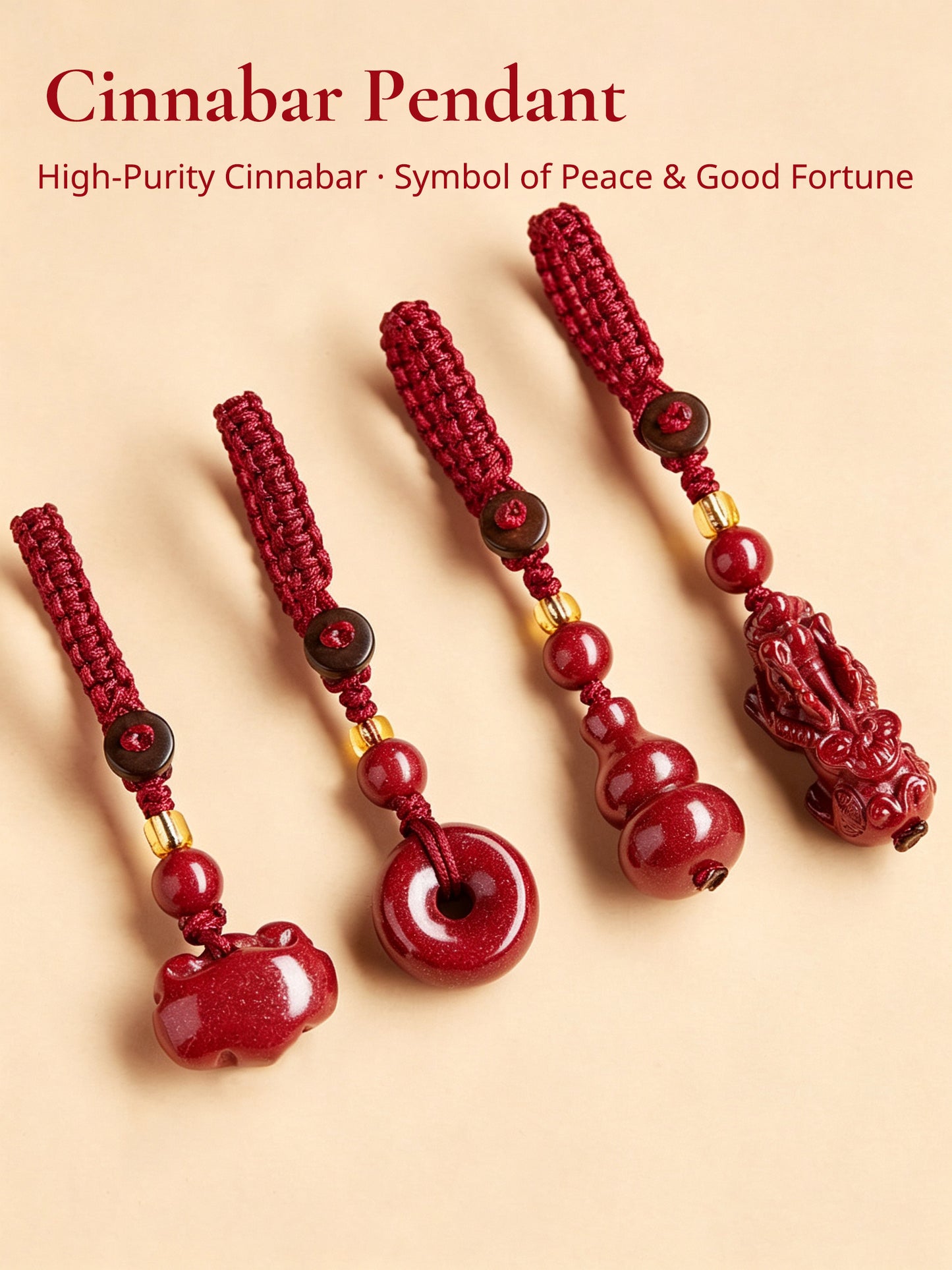 High Purity Cinnabar Pendant Charm - Chinese Feng Shui Lucky Car Keychain with Peace Pendant, Hulu Gourd & Pi Xiu Protection Charm