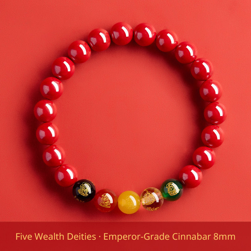 Five Wealth Gods Cinnabar Bracelet – Chinese Feng Shui Prosperity Charm with Agate Bead