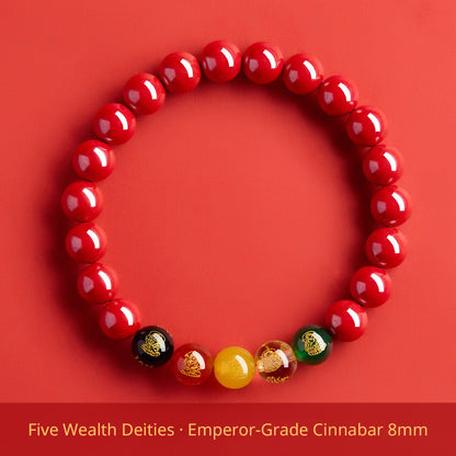 Five Wealth Gods Cinnabar Bracelet – Chinese Feng Shui Prosperity Charm with Agate Bead