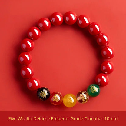 Five Wealth Gods Cinnabar Bracelet – Chinese Feng Shui Prosperity Charm with Agate Bead