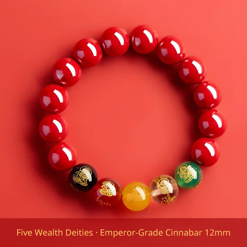 Five Wealth Gods Cinnabar Bracelet – Chinese Feng Shui Prosperity Charm with Agate Bead